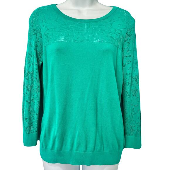 H&M Teal Lace Detail Yoke 3/4 Sleeve Knit Top Light Sweater size M Cotton Blend - Picture 1 of 9
